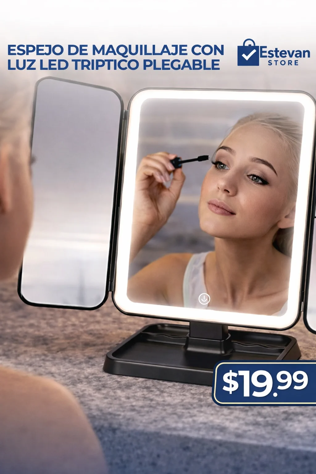 Espejo de Maquillaje LED Tríptico Plegable con Luz | Profesional y Portátil