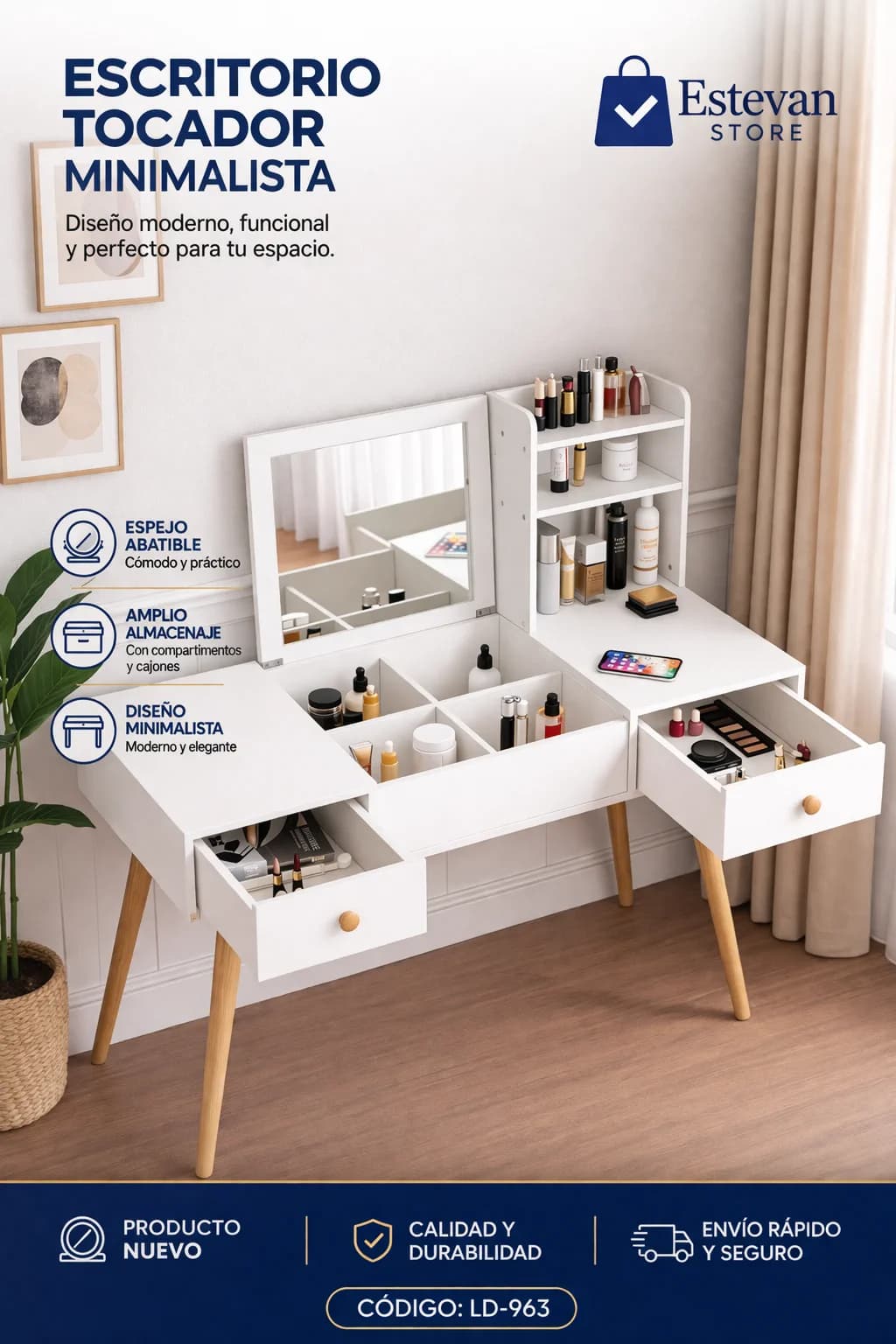 Tocador moderno minimalista con espejo elegante y cajones