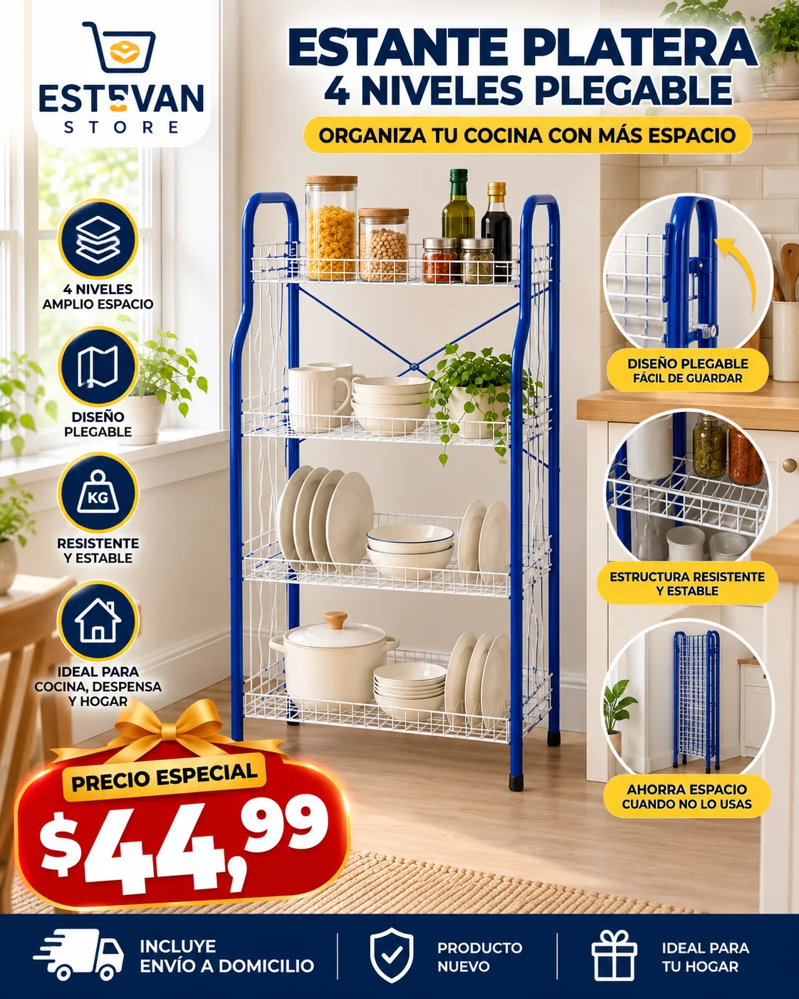 Estante Platera Plegable de 4 Niveles