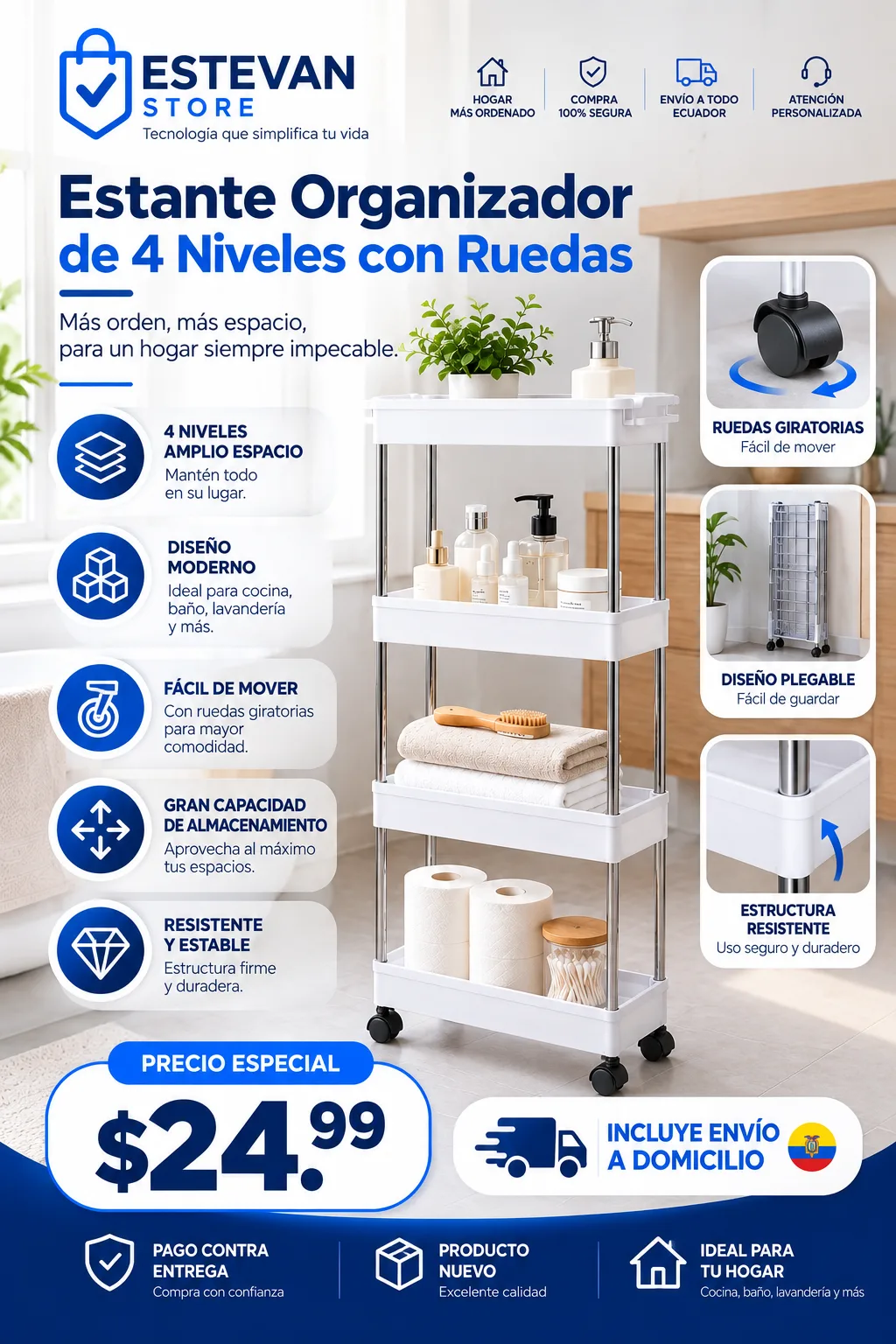 Estante Organizador de 4 Niveles con Ruedas