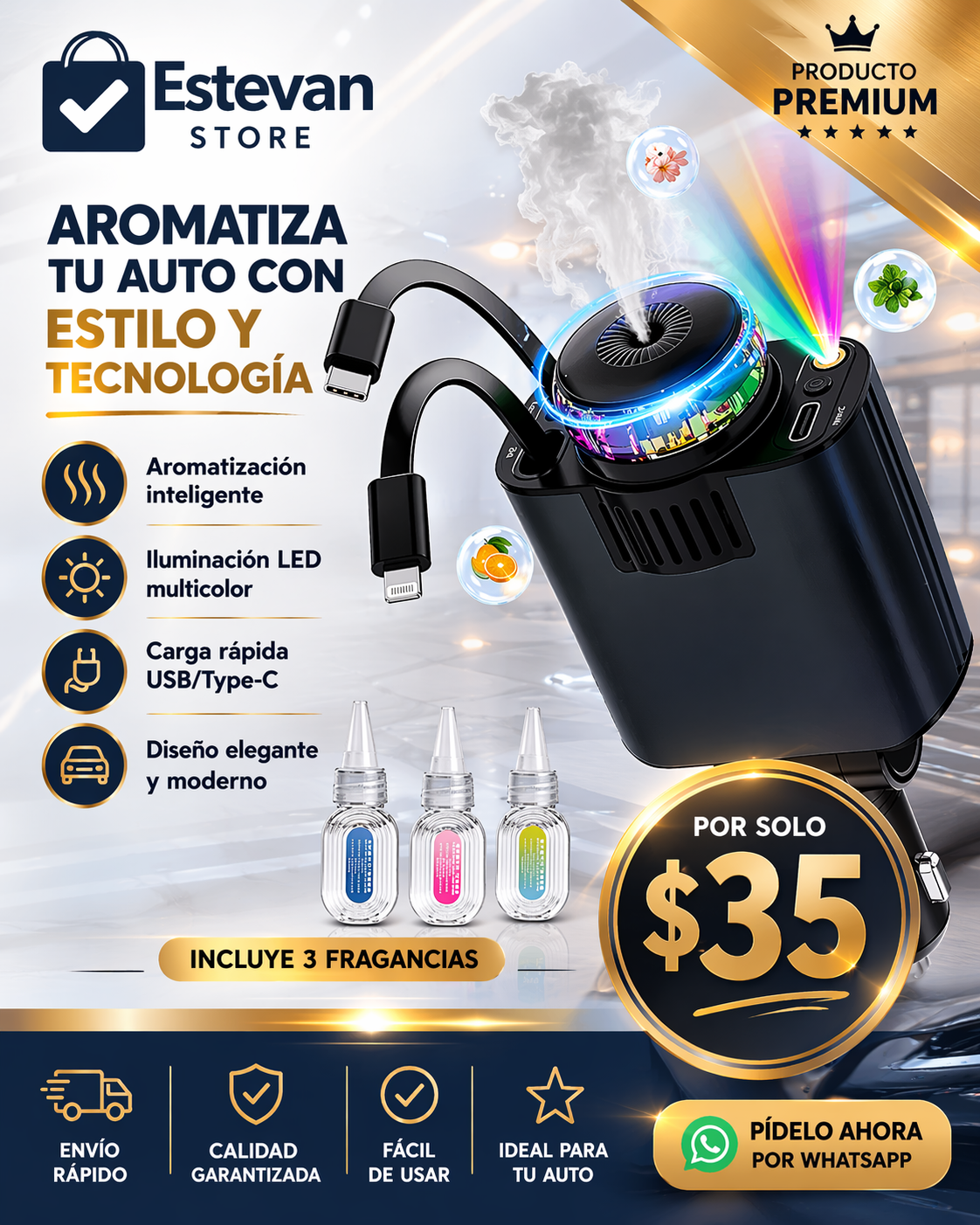 Aromatizador de Auto 3 en 1 con Cargador Rápido y Luces LED RGB