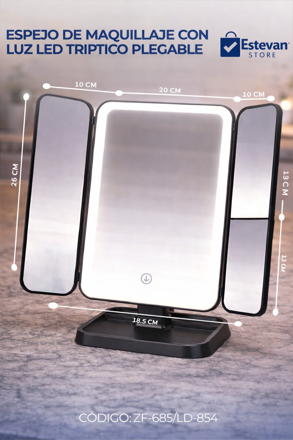 Espejo de Maquillaje LED Tríptico Plegable con Luz | Profesional y Portátil