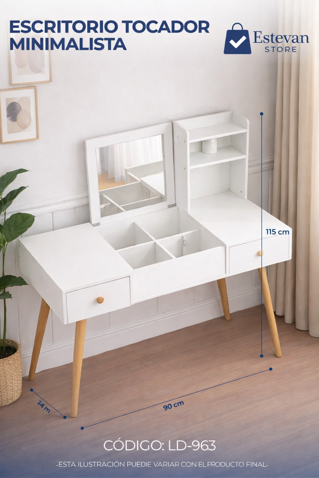 Tocador moderno minimalista con espejo elegante y cajones