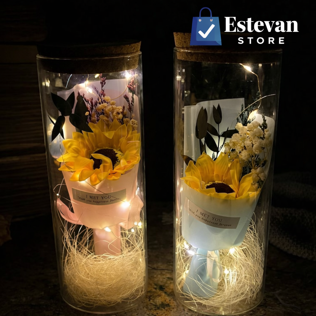 Girasol LED en Frasco Decorativo – Regalo Romántico Luz Cálida