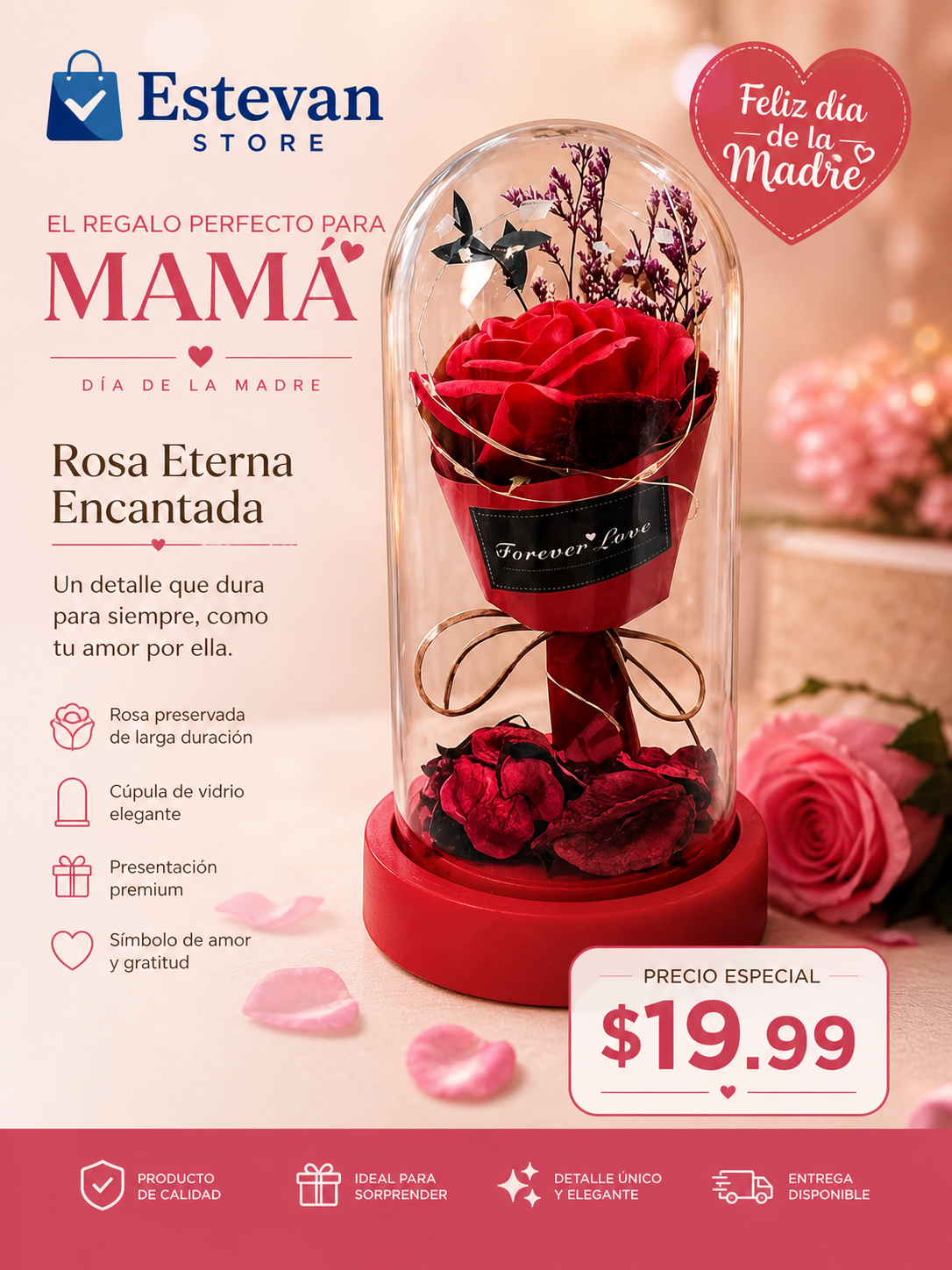 🌹 Rosa Eterna en Cúpula – Regalo Día de la Madre