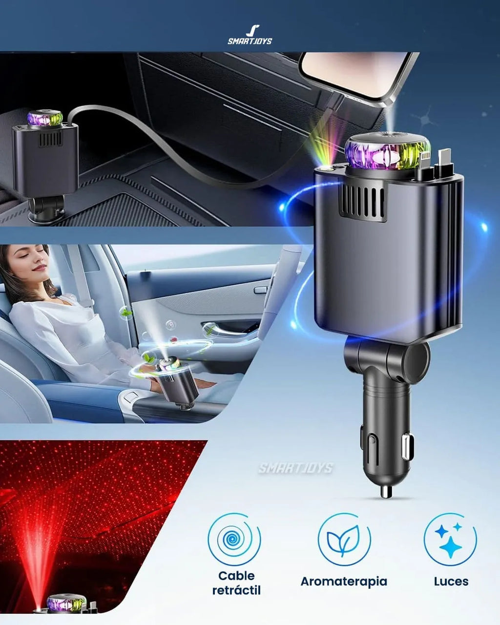 Aromatizador de Auto 3 en 1 con Cargador Rápido y Luces LED RGB